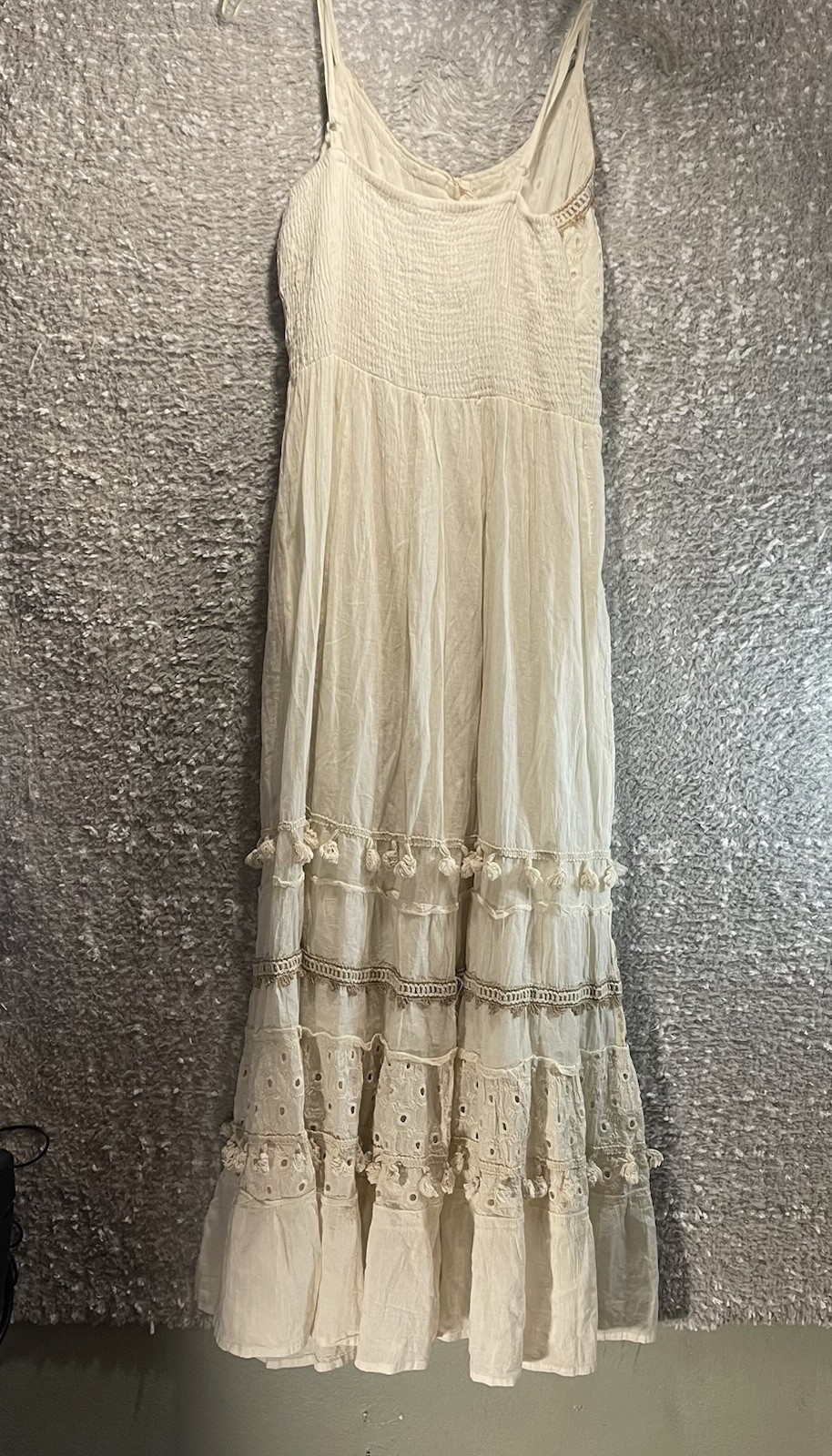 Me 2 Magic Boho Maxi Dress S Cream Gold Metallic Embroidered Crochet Tiered