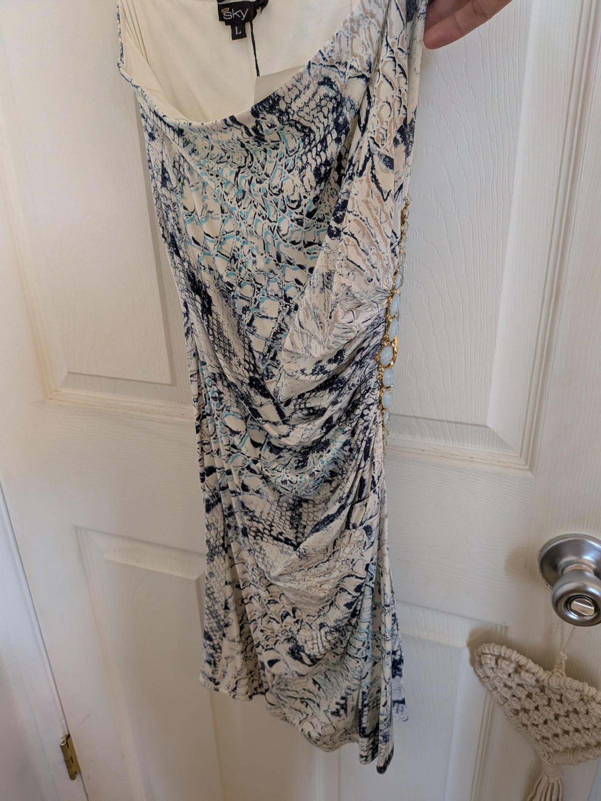 Sky Multicolor Snake Print Beaded Ruched Midi Sheath Dress Strapless Size L