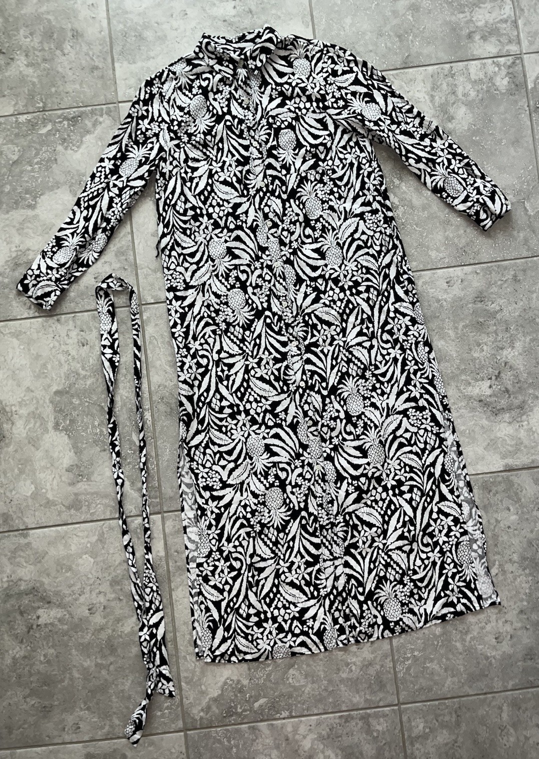 LOFT Linen Blend Long Sleeve Button Belted Tie Midi Maxi Shirt Dress Tropical 6
