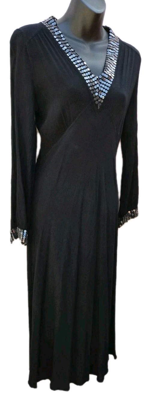 GHOST England London RARE Vintage 80s-90’s Black Crepe Sequin Dress Long Sleeved