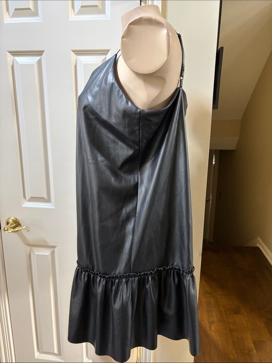 NWT Express Black Faux Leather Dress with Ruffle Hem, large