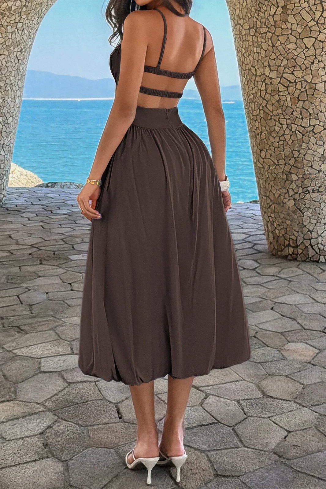 Women’s Square Neck Sleeveless Ruched Bust A-Line Midi Dress Open Back