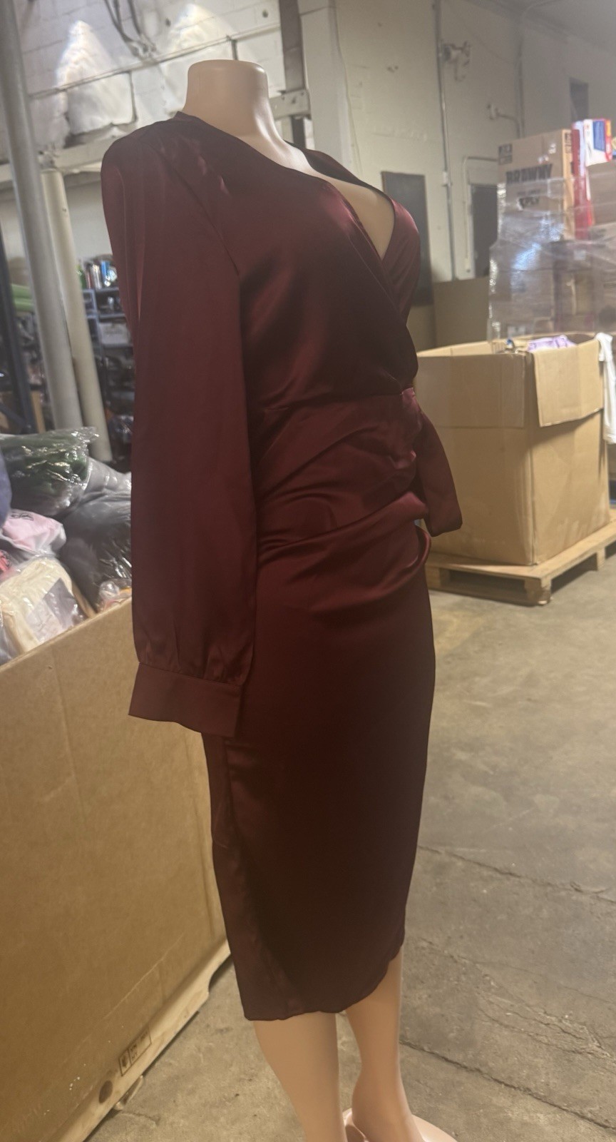 polyester 96 Burgundy Satin Wrap Midi Dress Ruched V-Neck Long Sleeve Tie Bow M