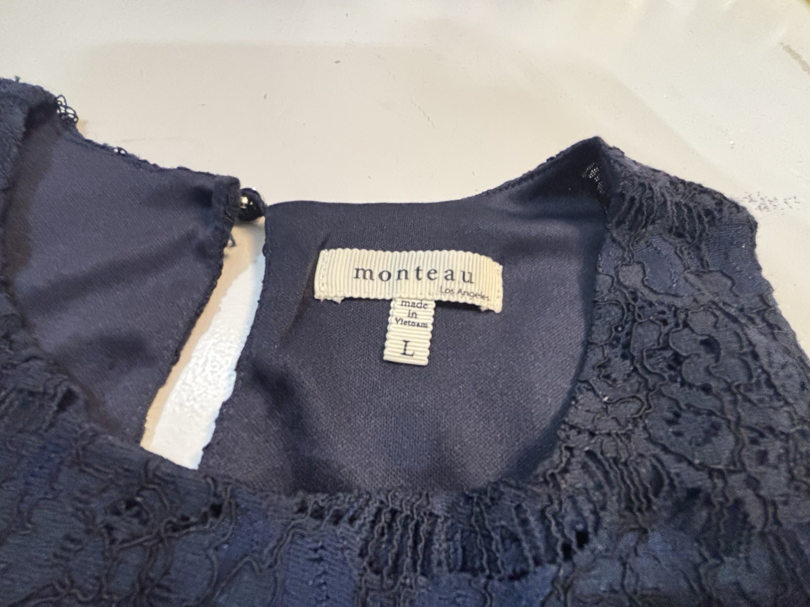 NWOT Large Monteau Navy Blue Lace Shift Overlay Dress Scalloped Floral