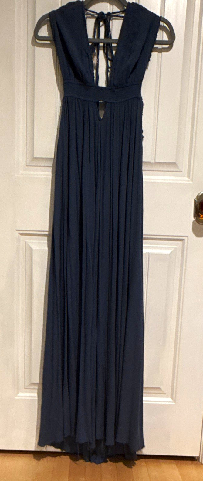 Free People Blue V-Neck Sleeveless Pleated Tassel Tie Back Maxi Dress S