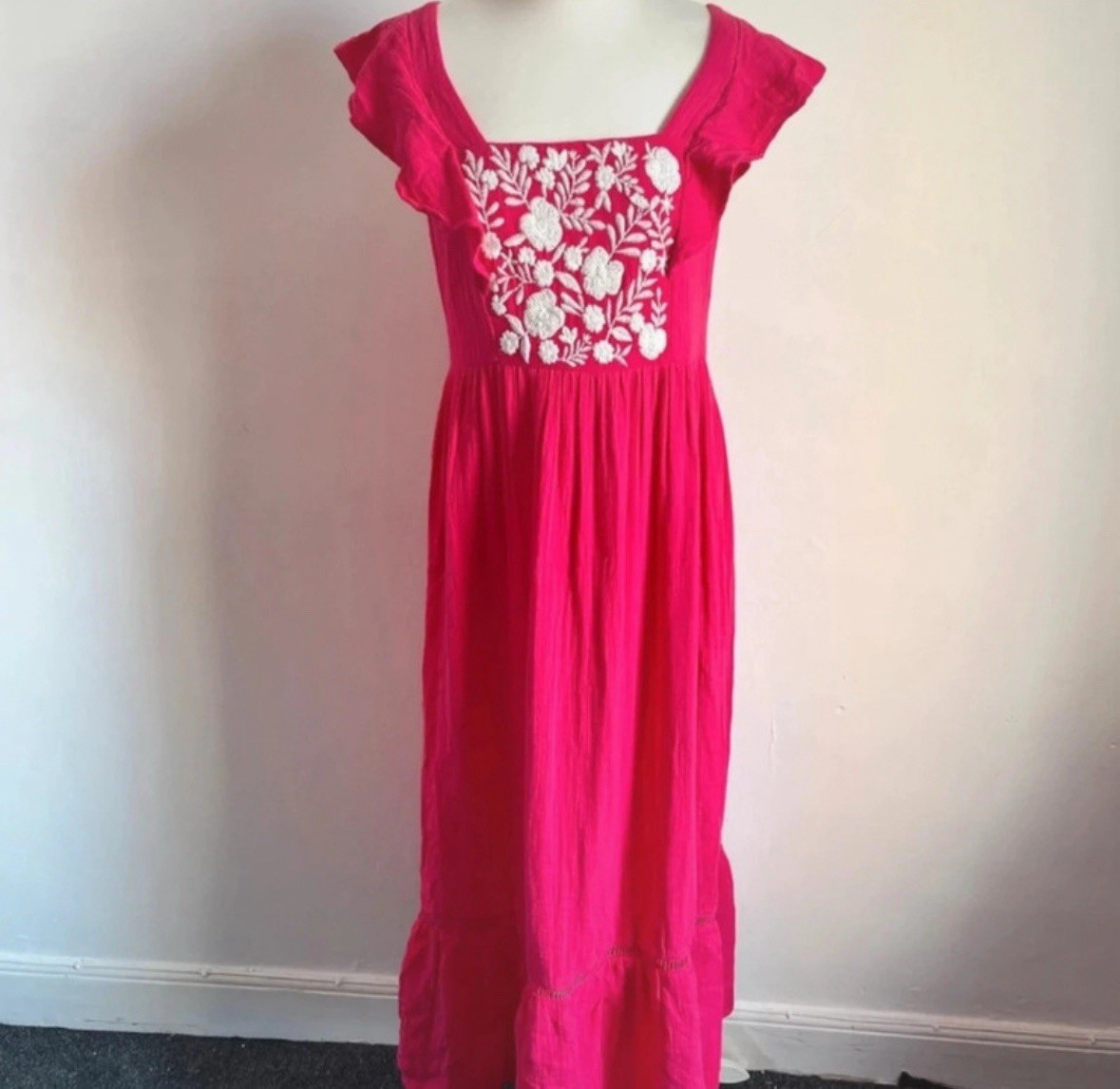 Marks And Spencer Midi Dress Size 12 Pink Floral Embroidered Summer Holiday
