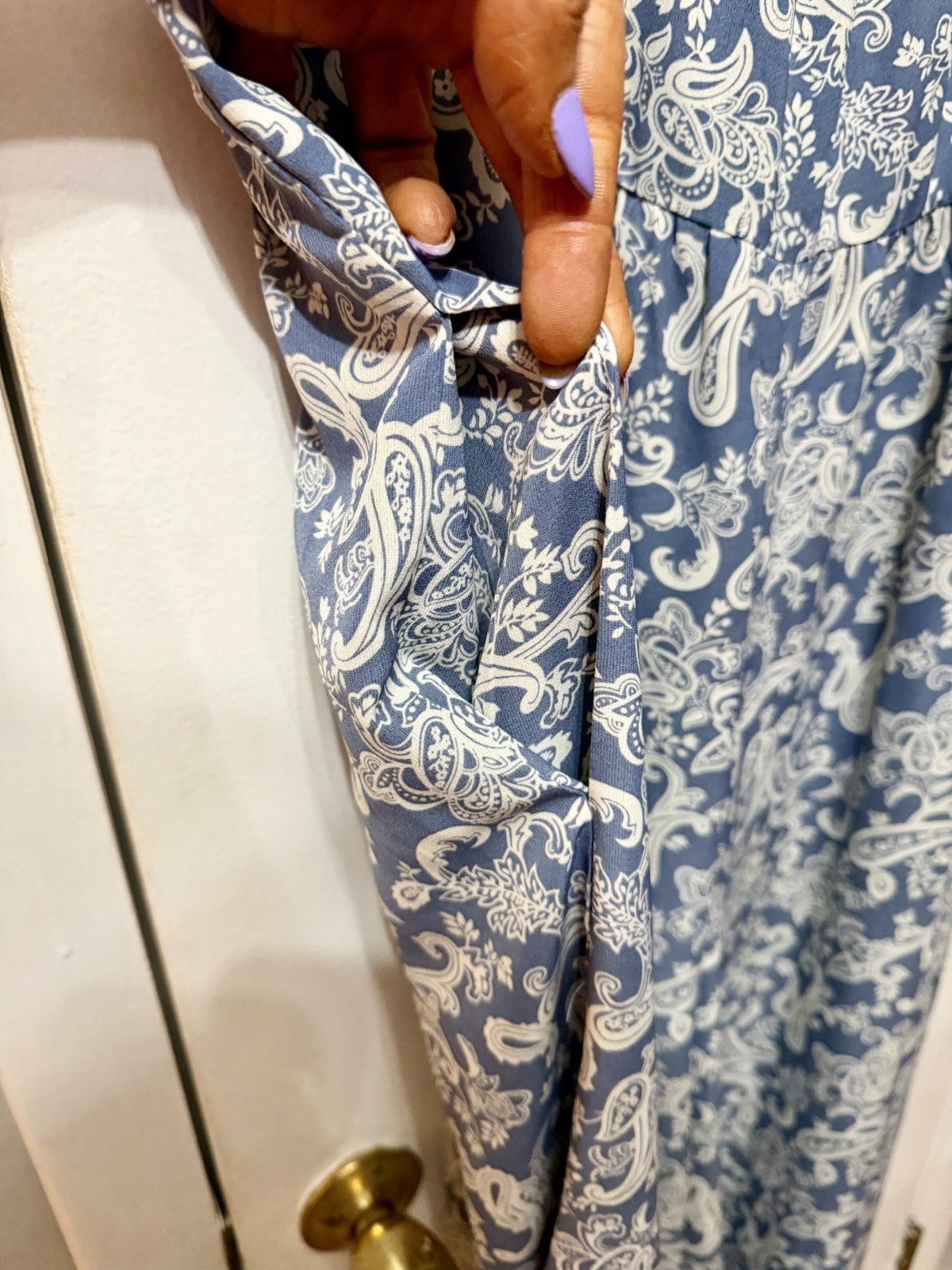 mittoshop Blue/White Paisley V-Neck Strappy Maxi Dress Pockets L