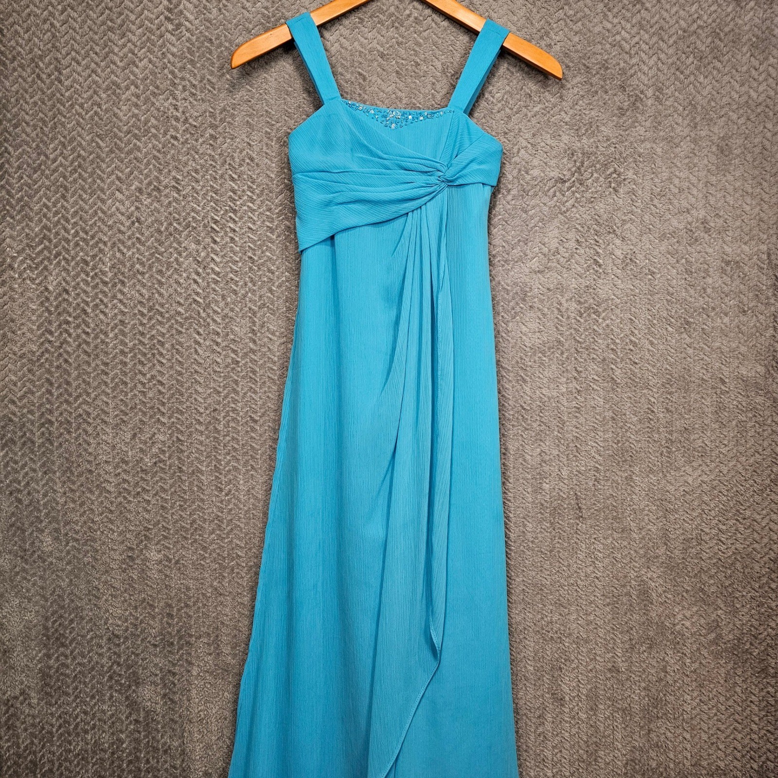Davids Bridal Malibu Blue Beaded Twist Front Maxi Dress JB4935 Womens 8