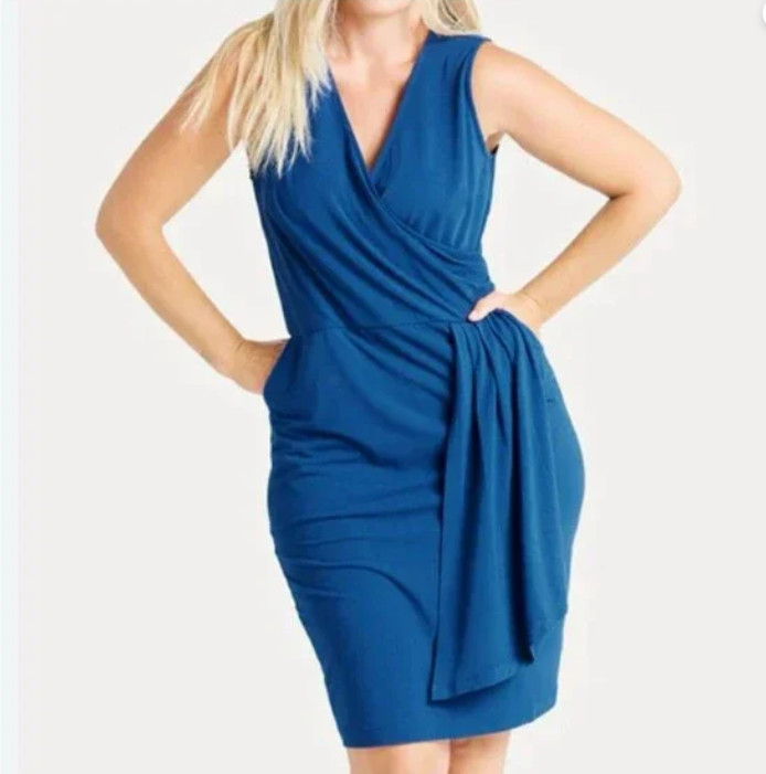 Betabrand Dress Womens 2X Opal Blue Faux Wrap‎ Knee Length Sleeveless Stretch