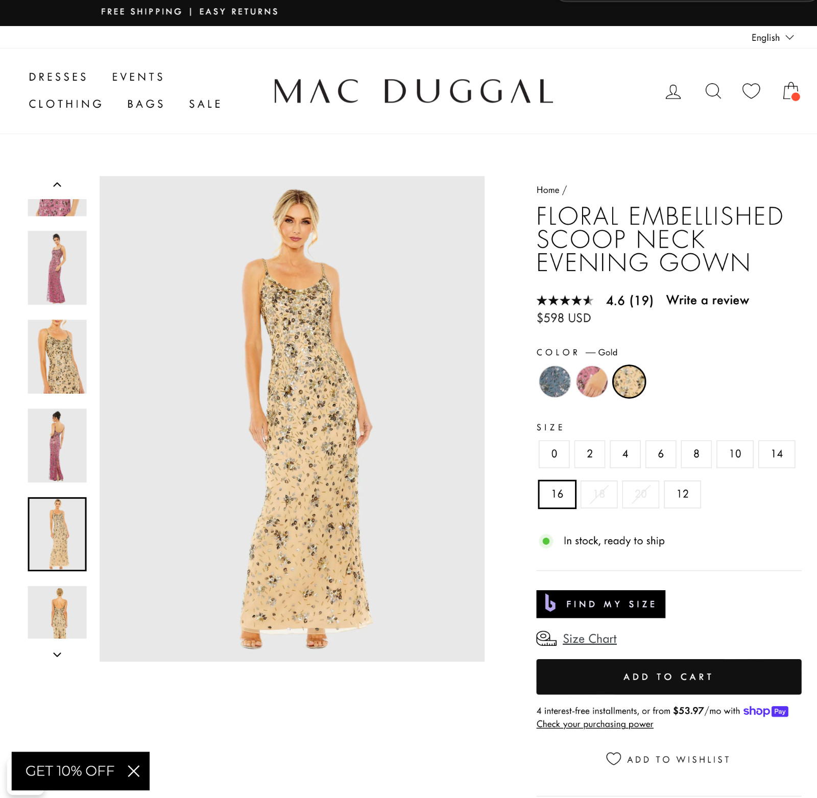 NWT $598 Mac Duggal [ 0 ] 5477 Floral Embellished Scoop Neck Gown Gold #S1598