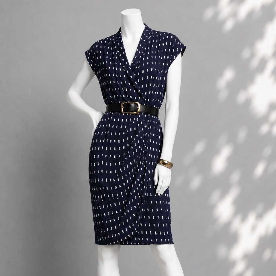 MM LaFleur The Jasmine Dress 14 Navy Dot Print Faux Wrap Blouson Career Dress