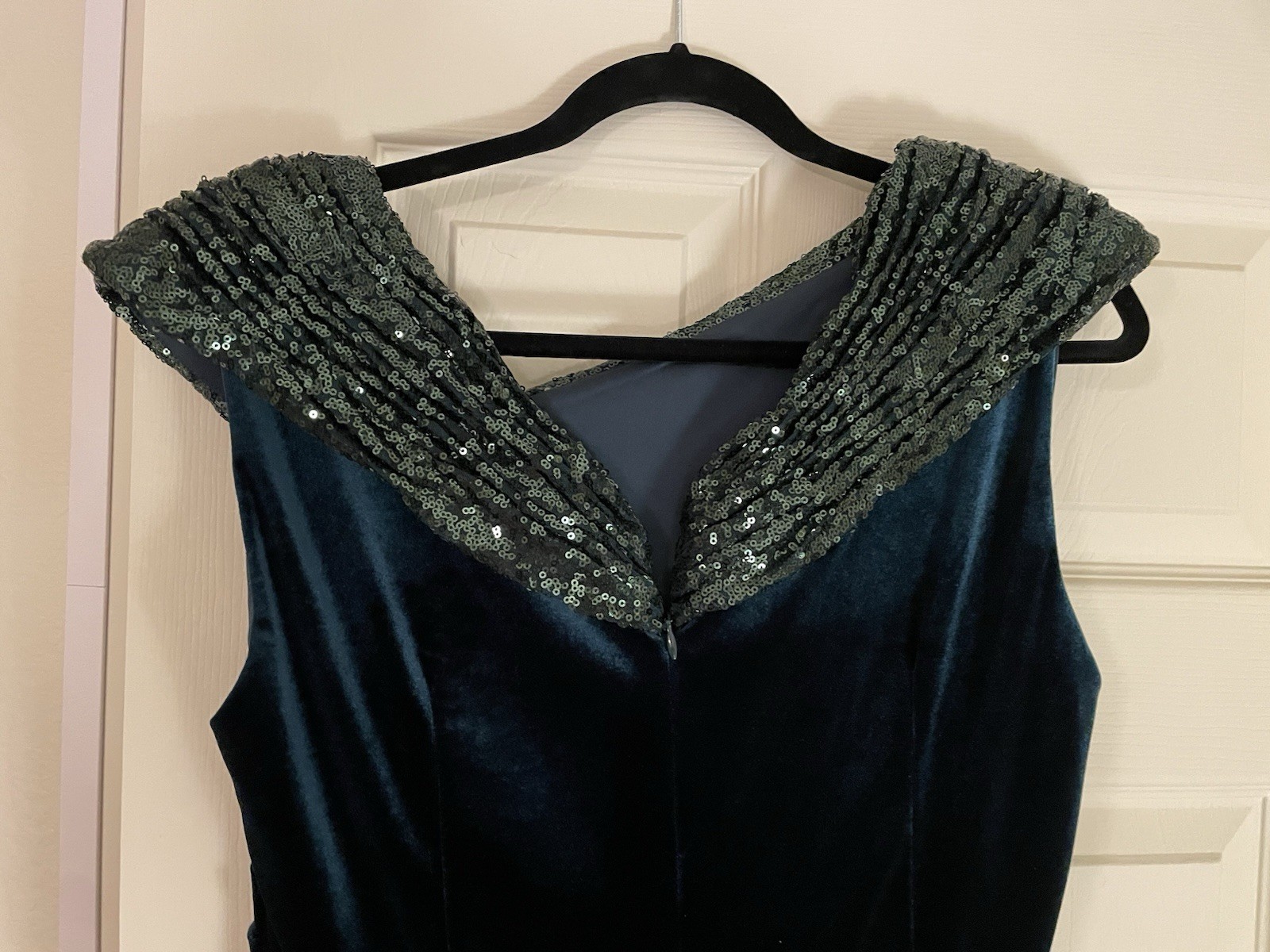 AW Bridal Hunter Green Velvet Sequin Off-Shoulder Long Formal Gown Zip