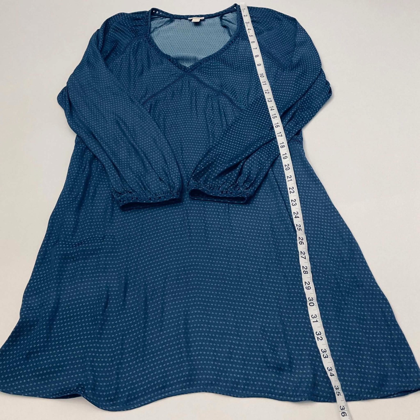 Hinge Teal Blue Dobby Dot V-Neck Long Sleeve Tunic Mini Dress Women Size M Boho