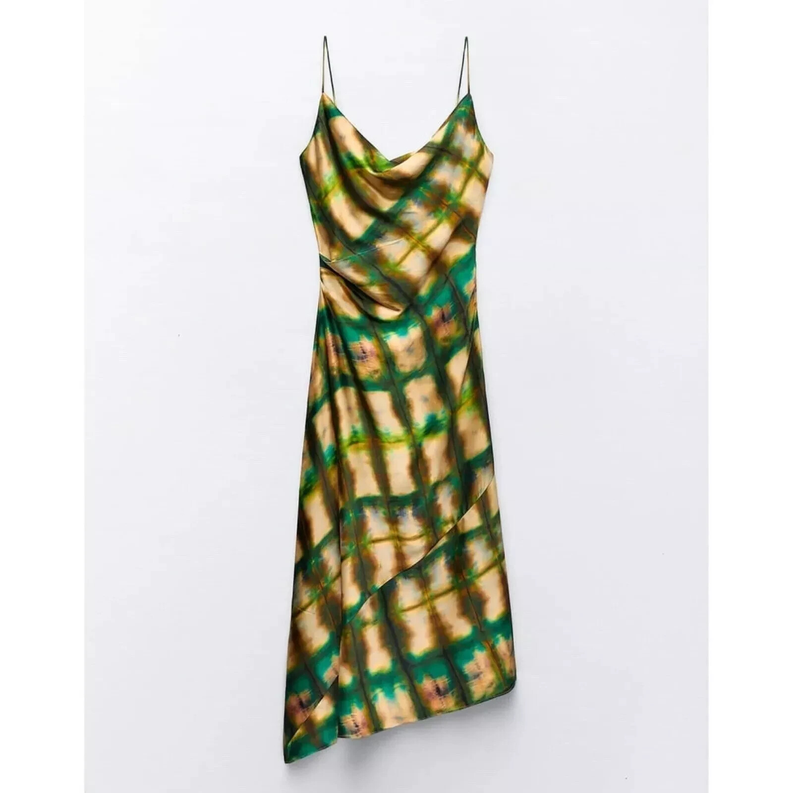 Zara Women Midi Dress Tie Dye S Green Satin Effect Sleeveless 4786/338 NWT
