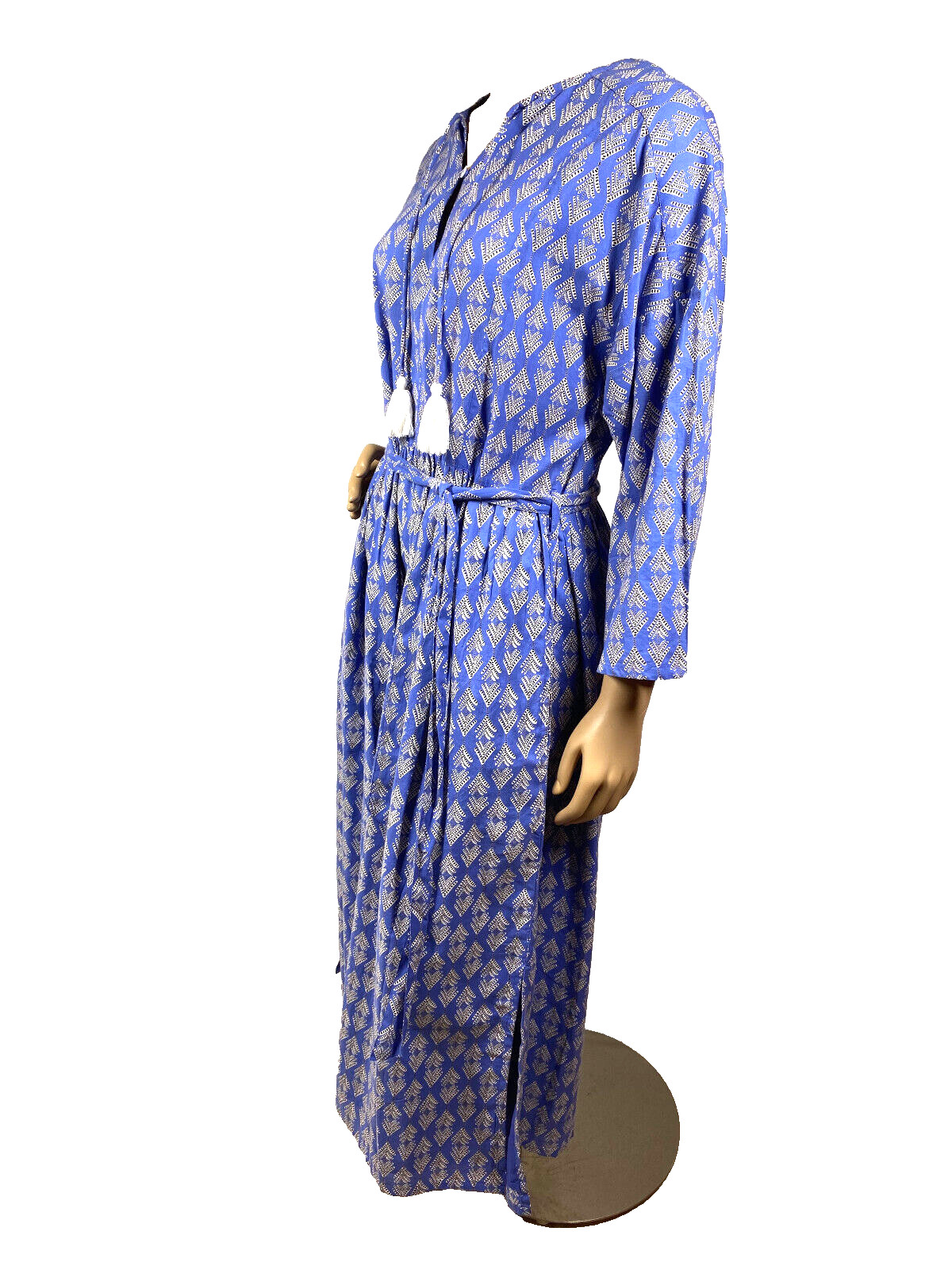 Graymarket Designs Hand Block Printed Dress Size S/M Blue Keyhole Neck Belted