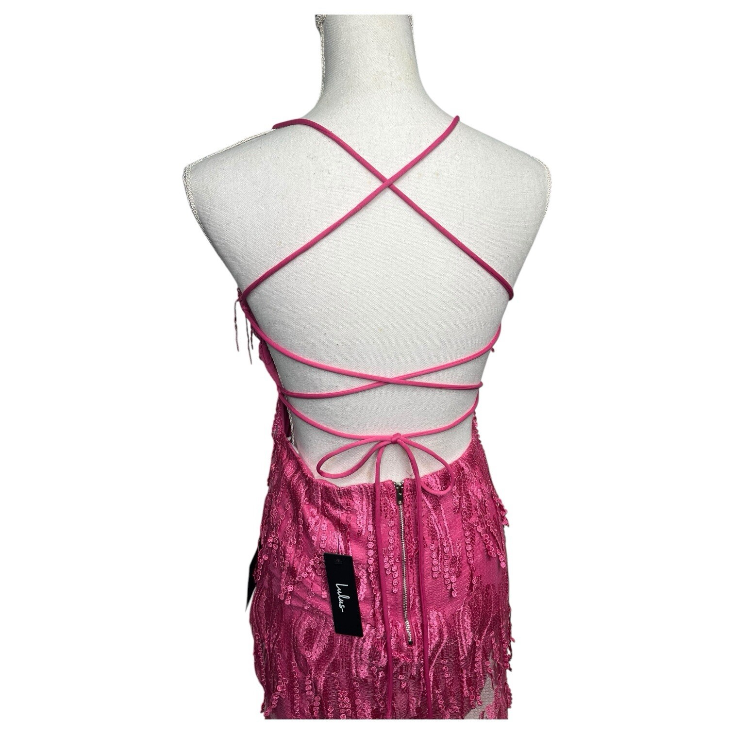 New Lulus Dress Womens M Making Magic Fringe Lace Up Mini Overlay Bright Pink