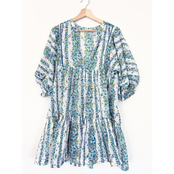 Poupette St. Barth || Aria A-line Mini Dress in Blue Waves Flowers M/L