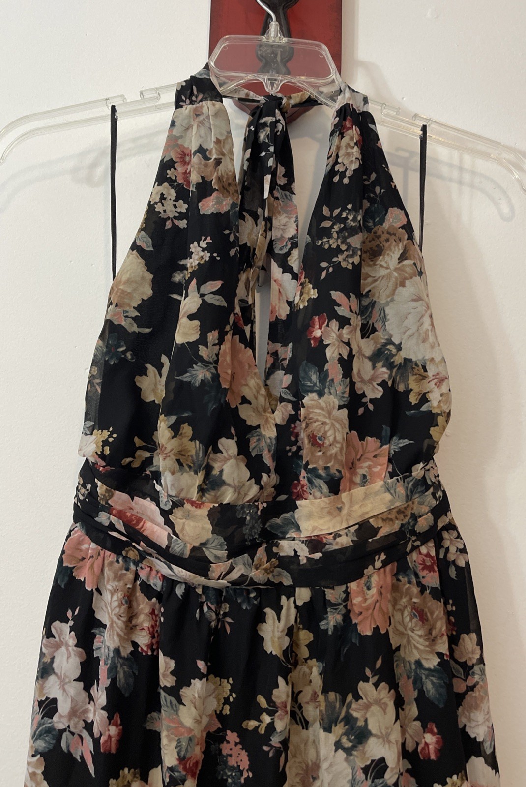 Xtaren Womens Large Black Floral Deep-Vneck Lined Halter Maxi Dress NWT! A2146