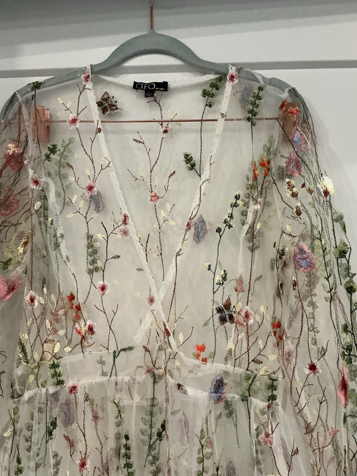 Cleo Mesh Multicolor Floral Embroidered Full Length Dress Women Large BOHO CHIC