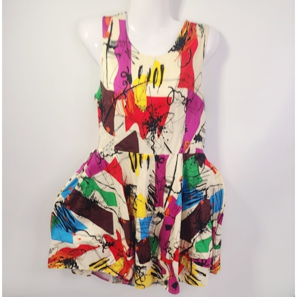 ZR&ZR Multicolor white pink red Flare Abstract Print Sleeveless Dress sz large L
