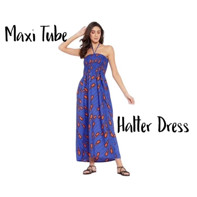 Blue Tube Dress w/ Vibrant Feature Print Smocked & Halter Neck.