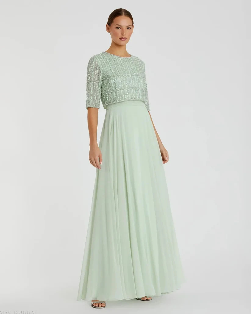 Mac Duggal 9180 Fully Beaded 3/4 Sleeves Top Chiffon Gown- Size 12 (LK#1146 A)
