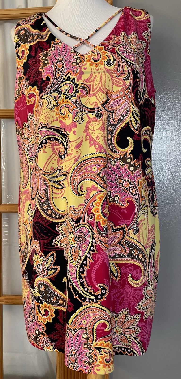 90s R&K Paisley Shift Mini Dress Sz 16P Fuchsia Yellow Crisscross Strap Colorful