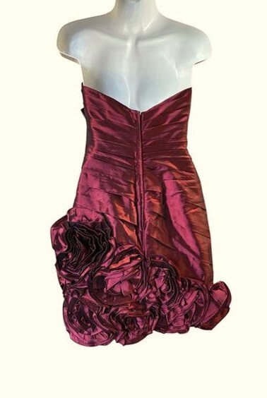 Bonny Burgundy Strapless Pleated Rosette Taffeta Mini Dress size 6