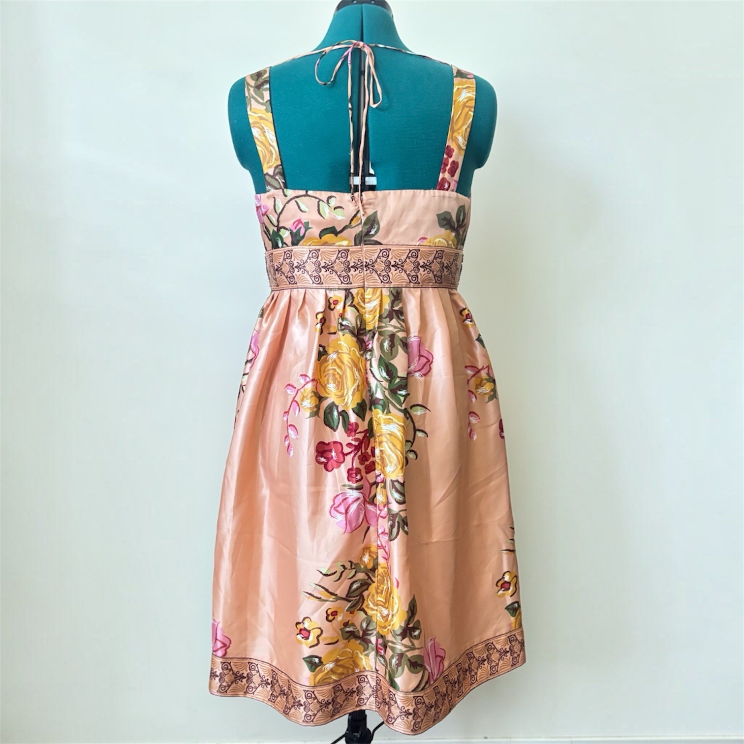 Forever Twenty One Peach Floral Satin Fit & Flare V-Neck Beaded Dress L