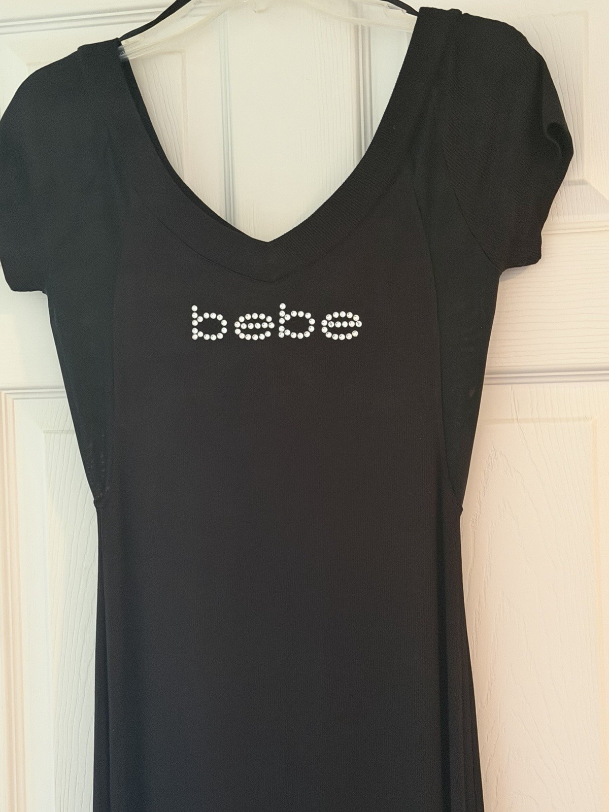 BeBe Size S Black Ribbed Sheer Mesh Under Sleeve Maxi Dress with Logo