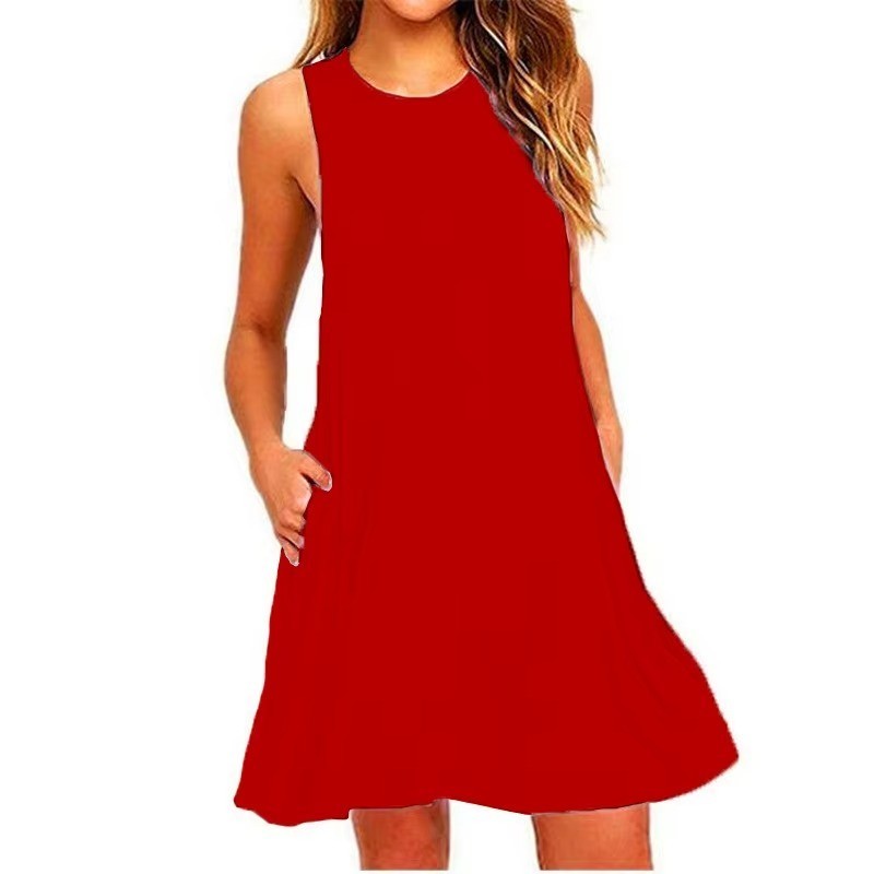 Womens Summer Dress Sleeveless Casual Loose Sundress With Pockets Solid O Neck