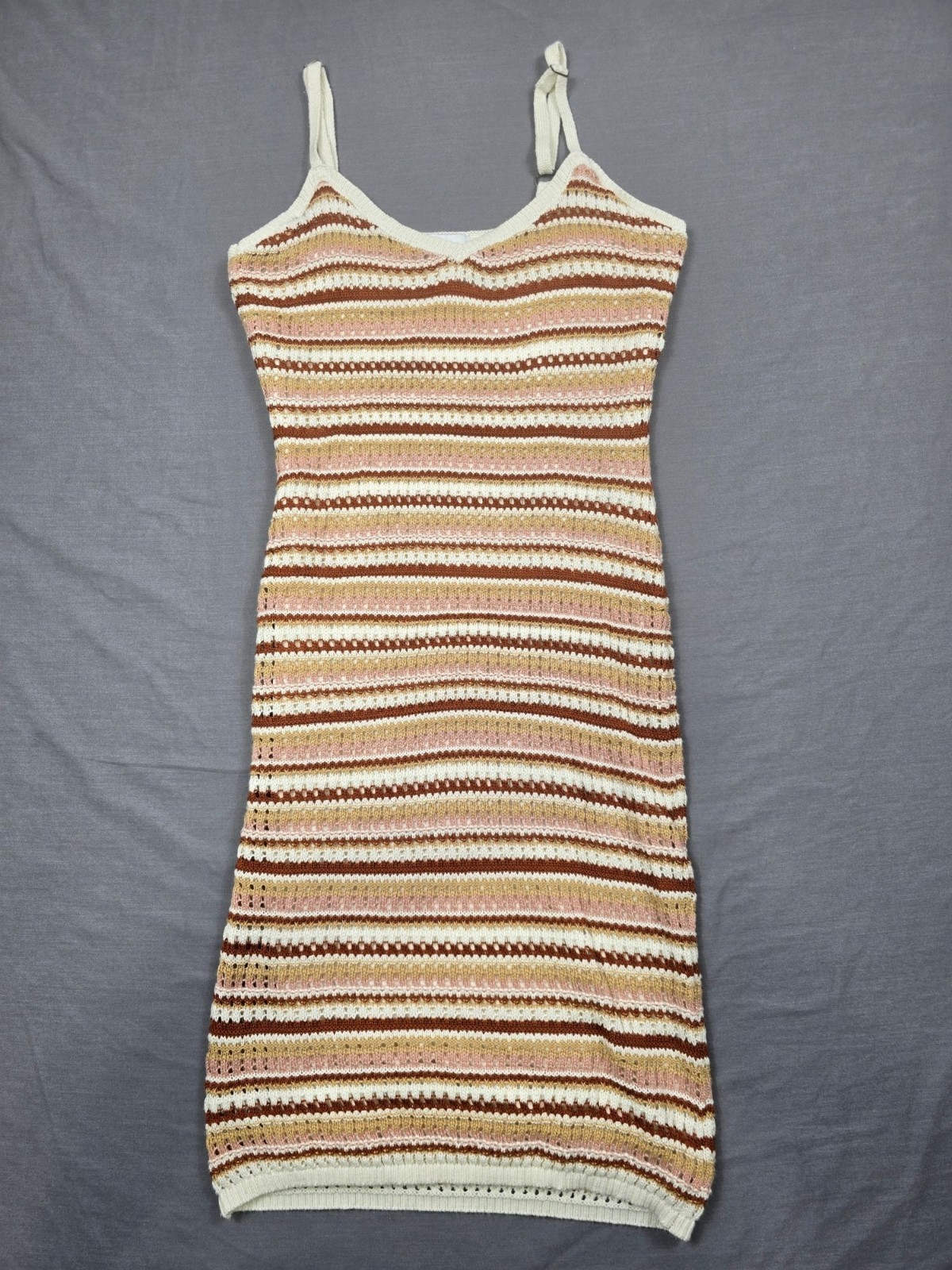 Striped Beige & Brown Crochet Knit Midi Bodycon Dress Size M Pink Rose