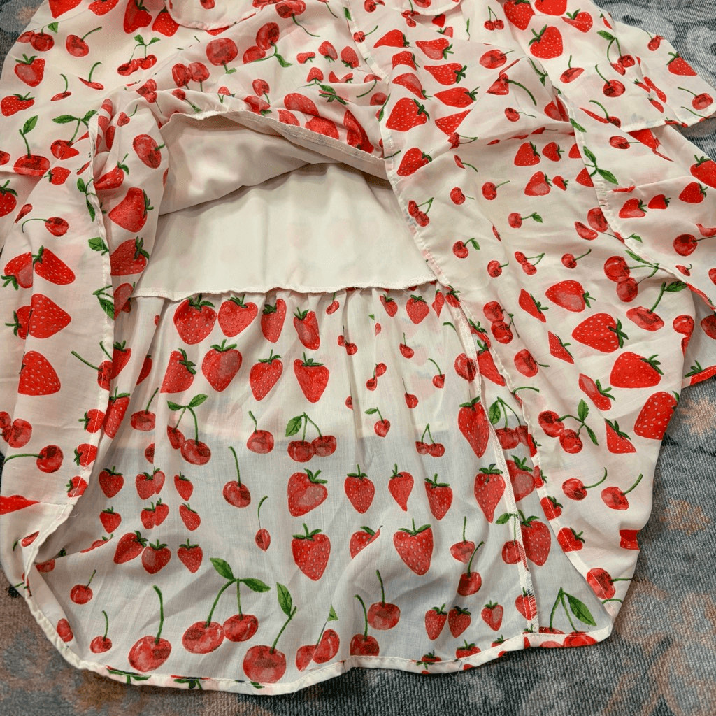 Crystal Doll Midi Dress Womens Large White Red Strawberry Cherry Print Tiered