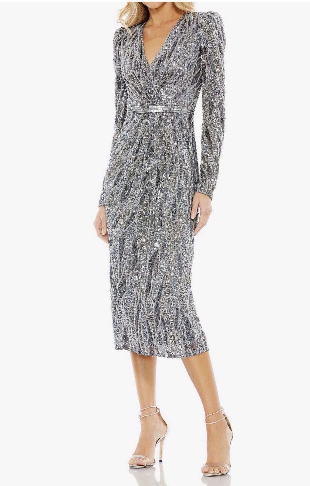 Mac Duggal Womens Size 4 Charcoal Sequin V-Neck Long Sleeve Midi Sheath