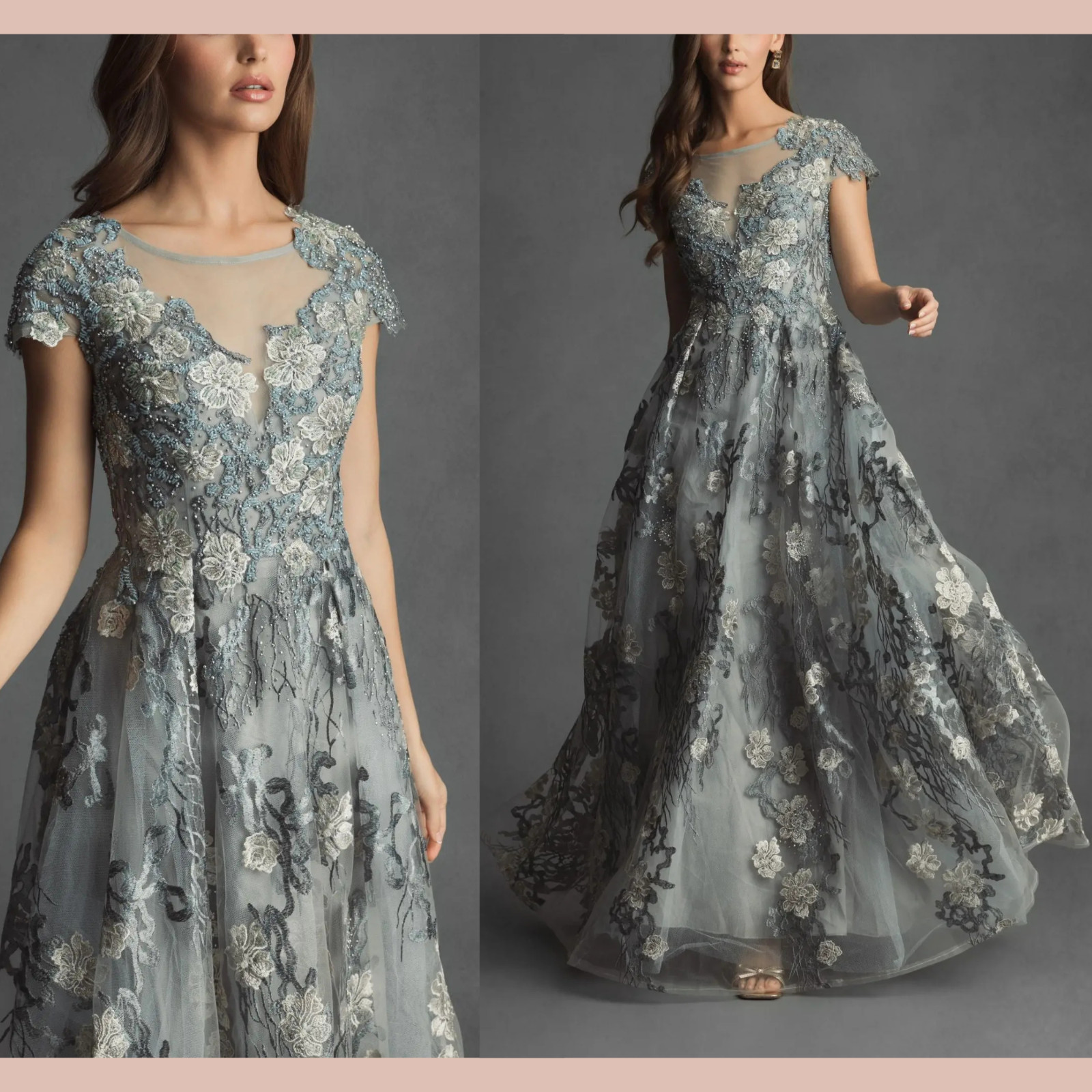 NWT$798 Mac Duggal [ 8 ] 20294 Floral Embroidered Short Sleeve Gown Seamist J474