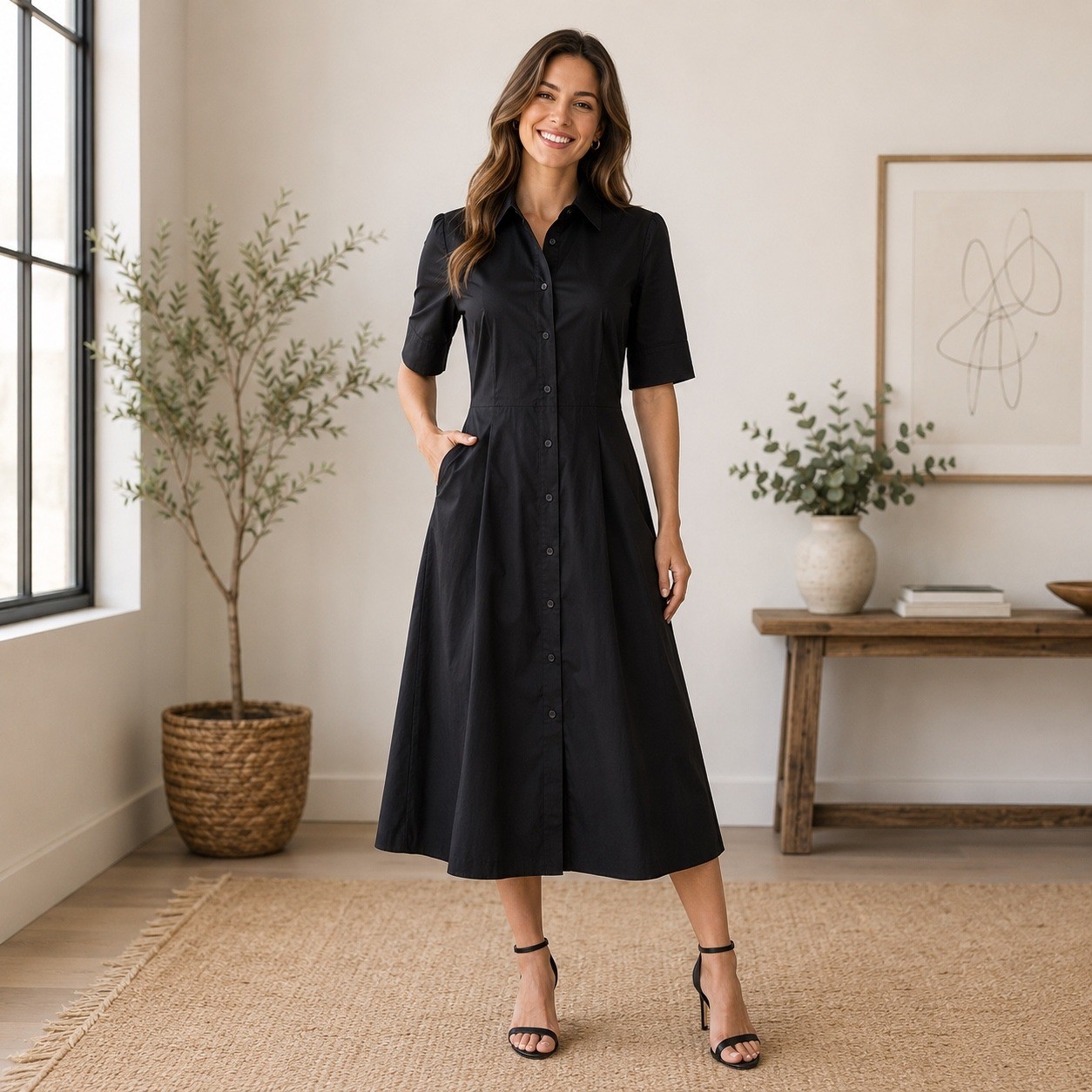 Lauren Ralph Lauren Black Shirt Dress Midi Button Front Career Office Pocket 6