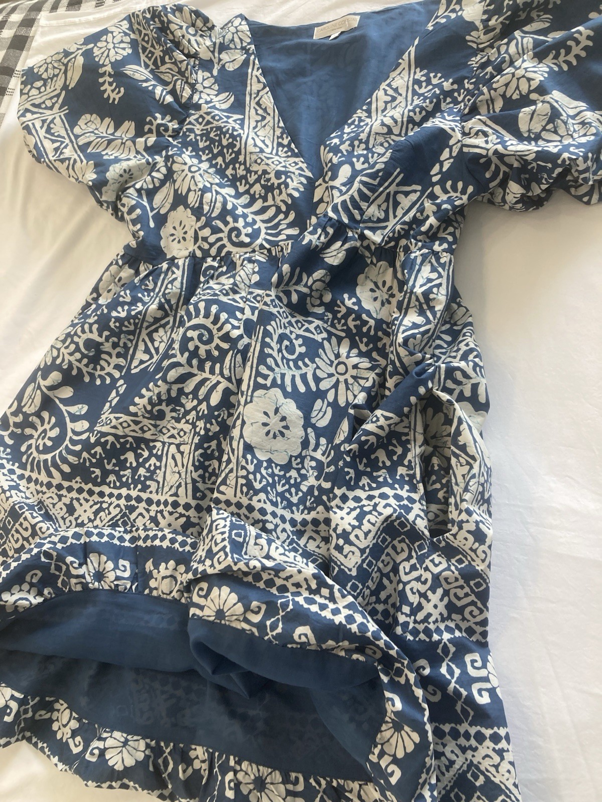 NWOT Caroline Constas Blue White Babydoll Puff Sleeve V-Neck Cotton Dress Sz L