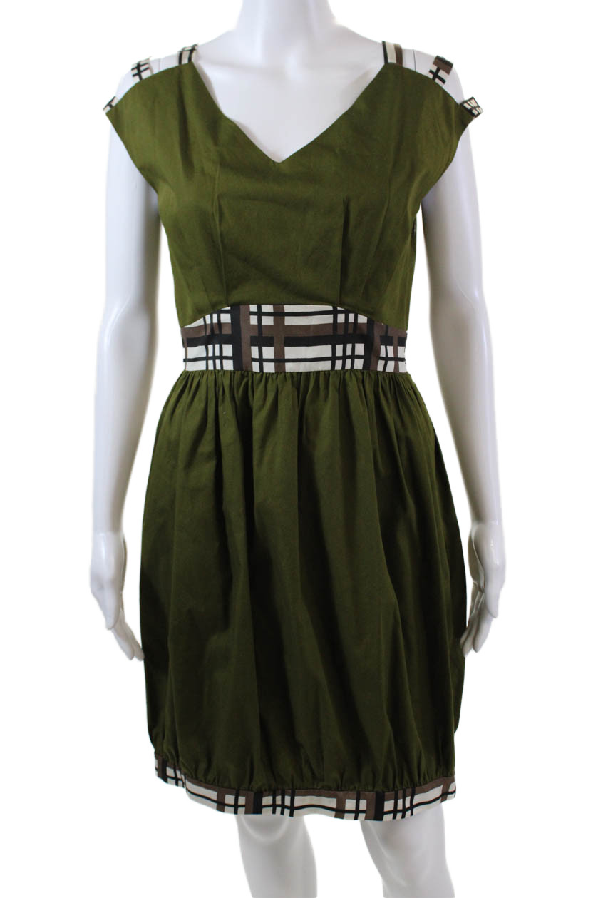 Nadia Nour Womens Side Zip Sleeveless V Neck Shift Dress Green Cotton Size 4