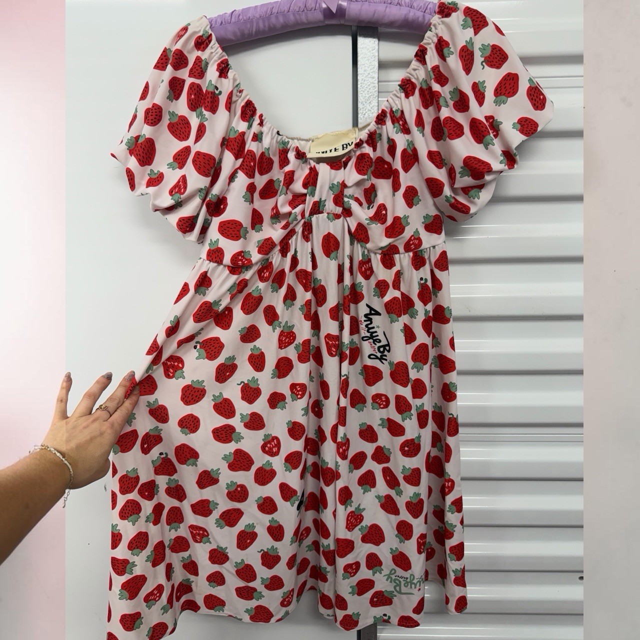 Aniye By Italian Strawberry Print Puff Sleeve Mini Coquette Dress IT 42 / US 6