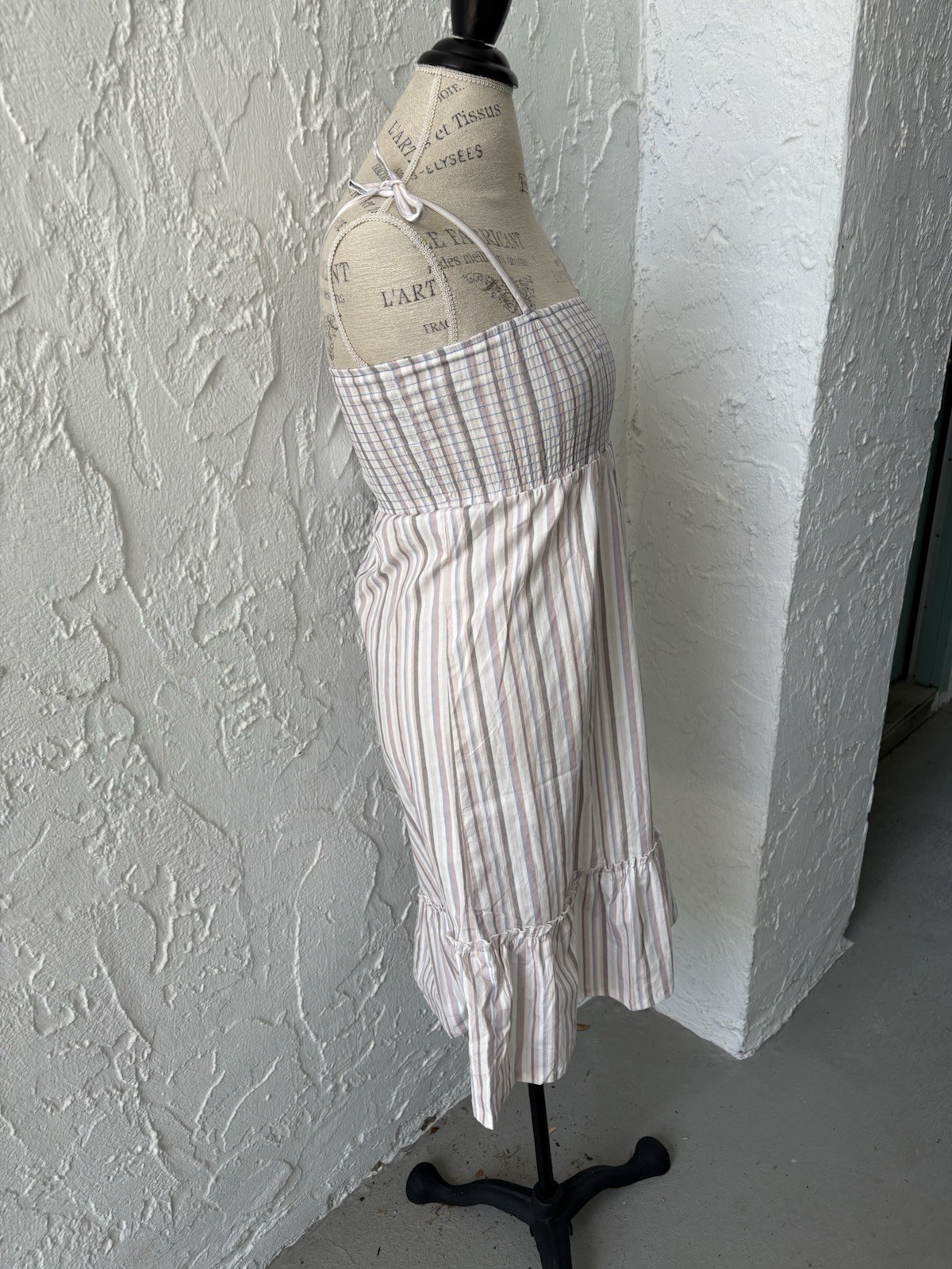 L by Ladida Slippe Beige White Blue Striped Cotton Knee Sundress Ruffle Bow 8