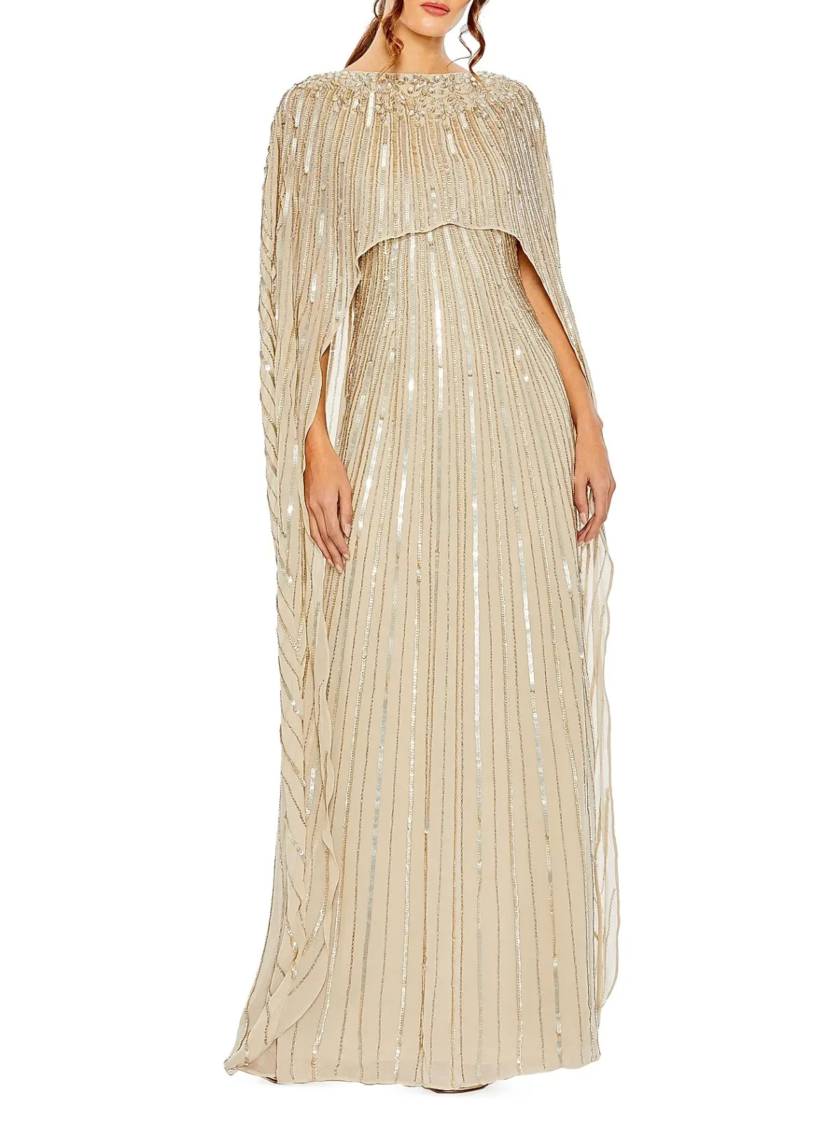 Mac Duggal Champagne Embellished Sequin Beaded Column Cape Gown Size 16 $798