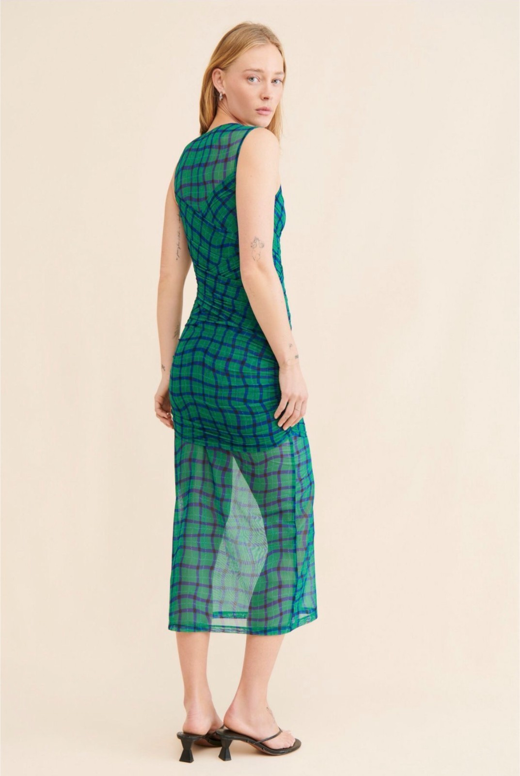Simon Miller Kinny Mesh Midi Sleeveless Dress Green Blue checker square XL