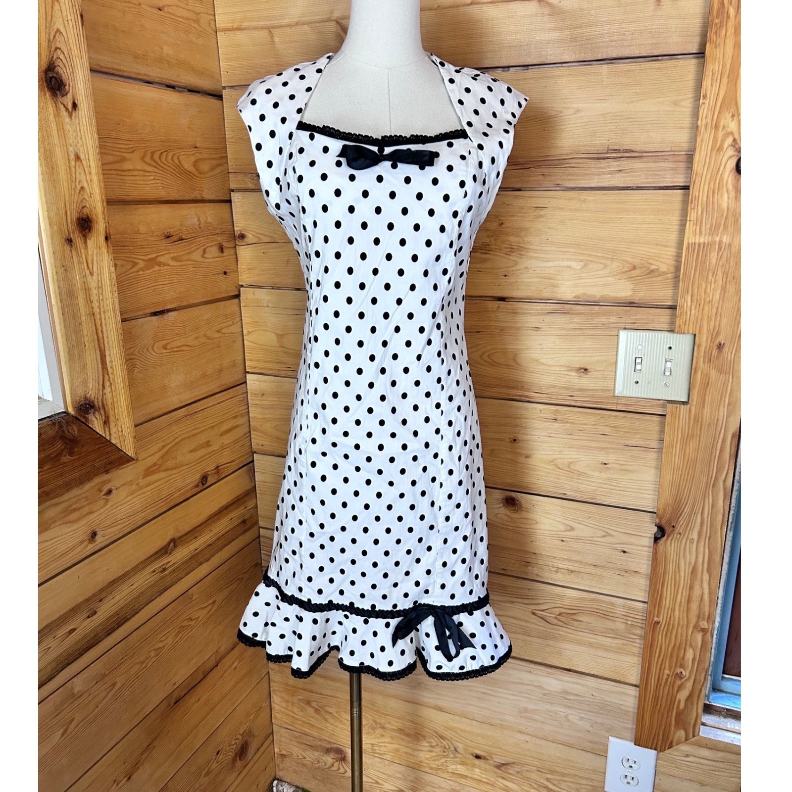 Vintage Polka Dot Wiggle Dress Womens XL White Black Bettie Page Trad Wife Pinup