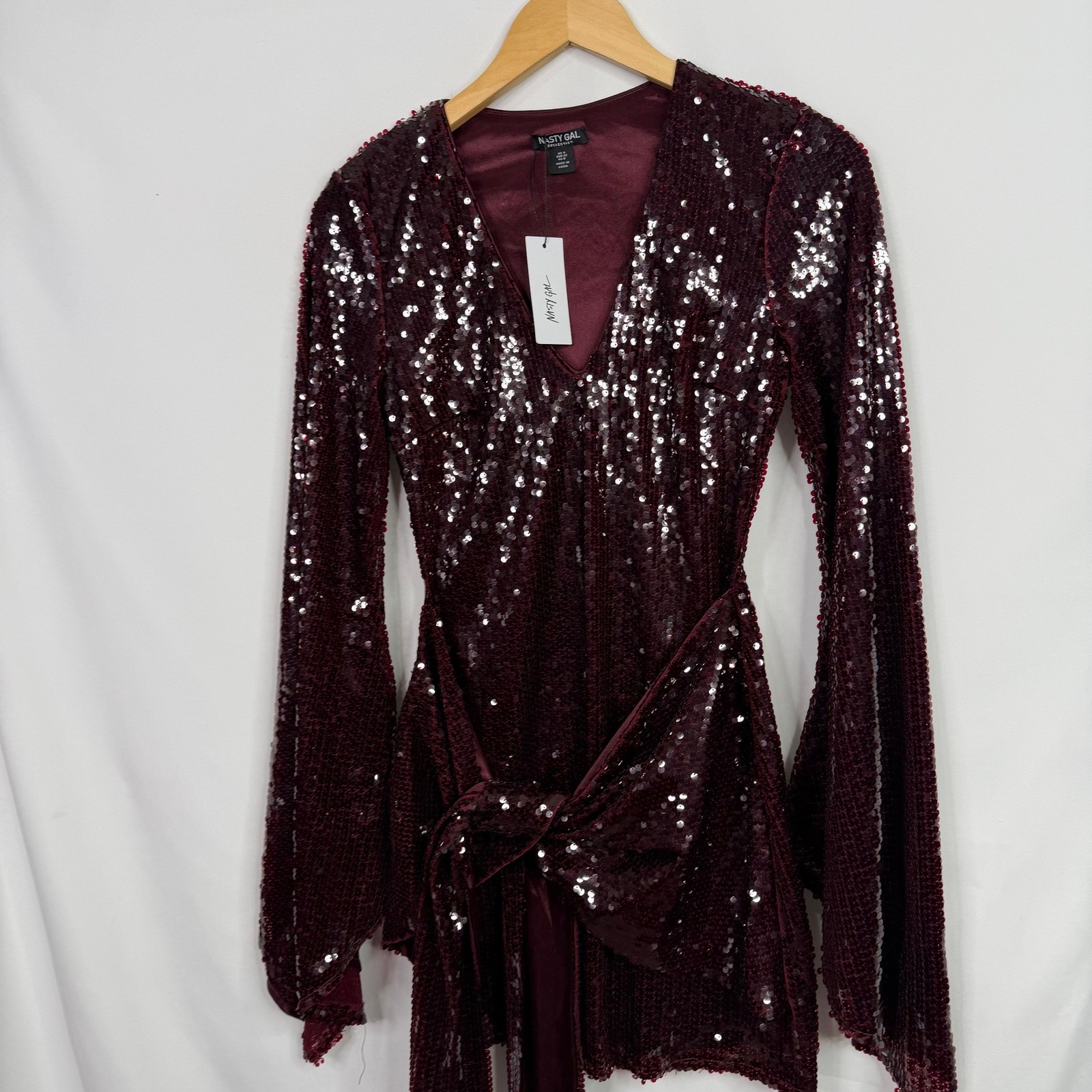 Nasty Gal Sequin Flared Sleeve Tie Front Mini Dress Size 0 NWT