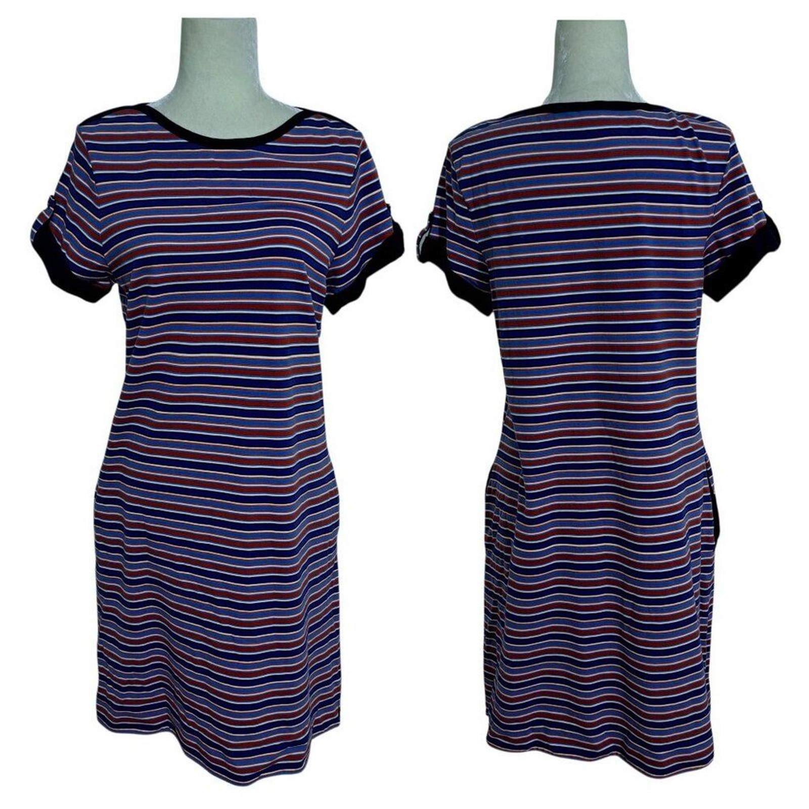 Lands’ End Women’s Nautical Striped Cap Sleeve Shirt Dress Blue Multi Vacation M