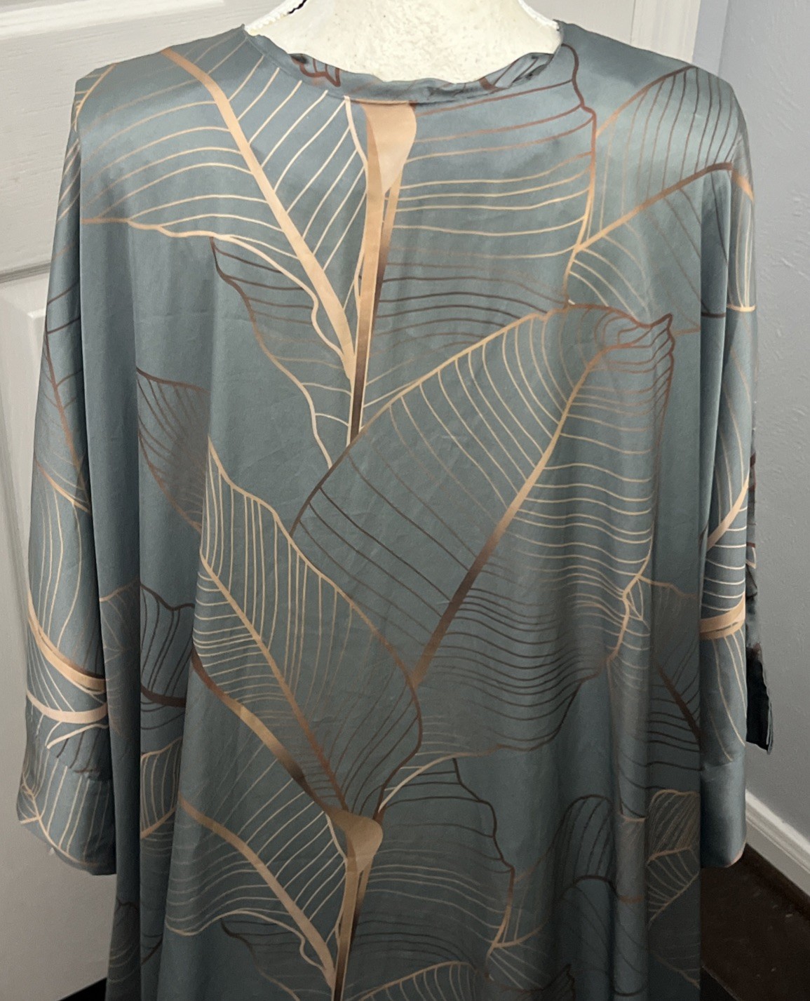 Sheikha, Egypt, Delicate Flowing Sage Green With Gold Leaf Pattern Long Gown