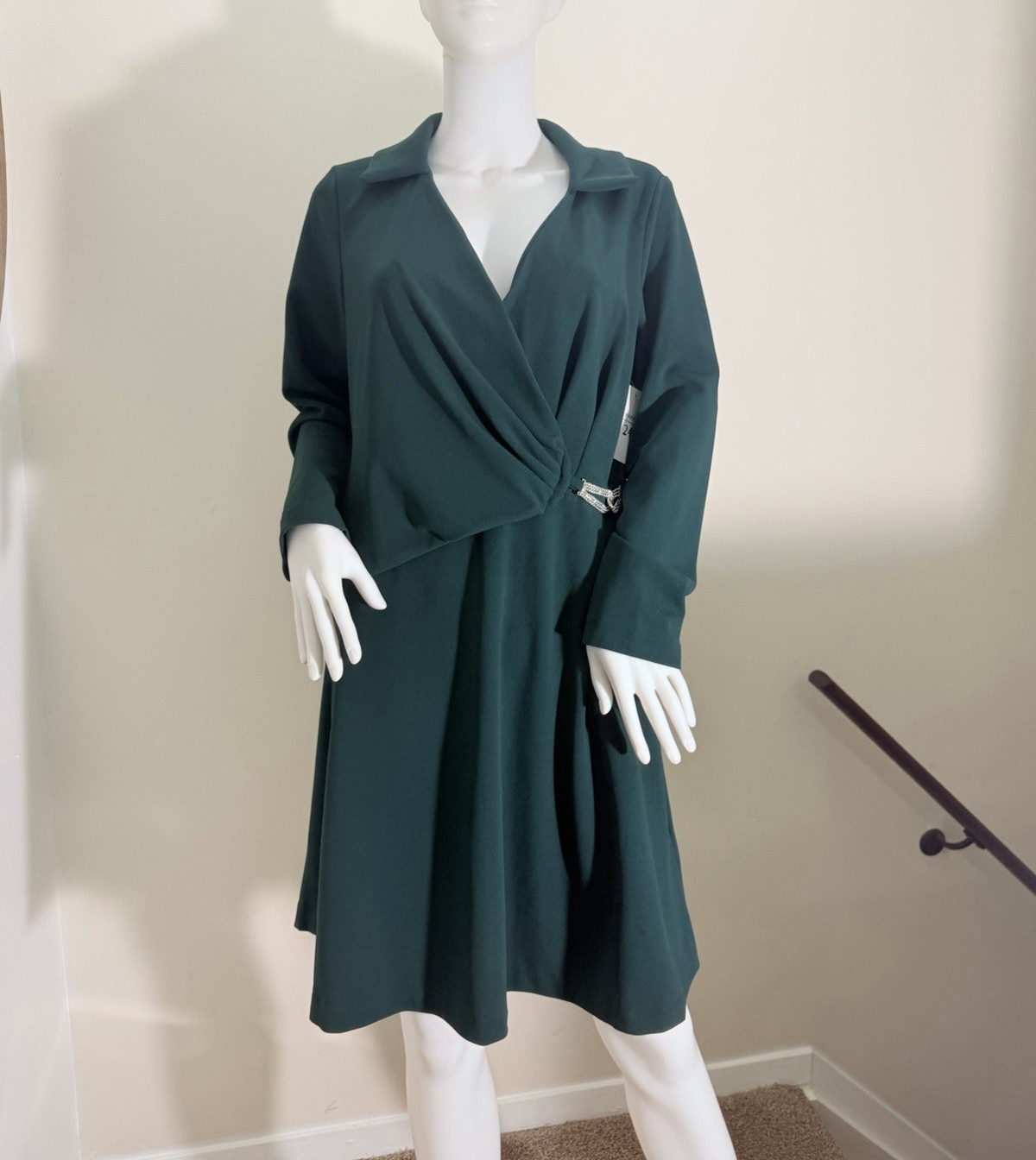 Harper 241 Green Collared Long Sleeve A-Line Knee Dress Pleated Stretch Zip 8