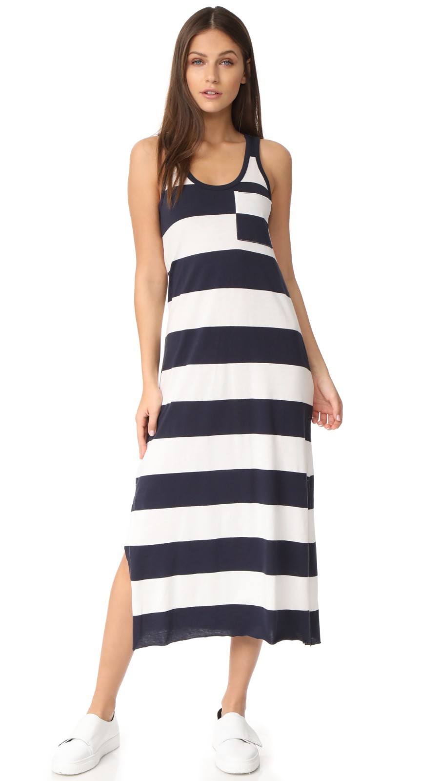 ATM ANTHONY THOMAS MELILLO Navy White Stripe Jersey Stretch Maxi Dress LARGE 10