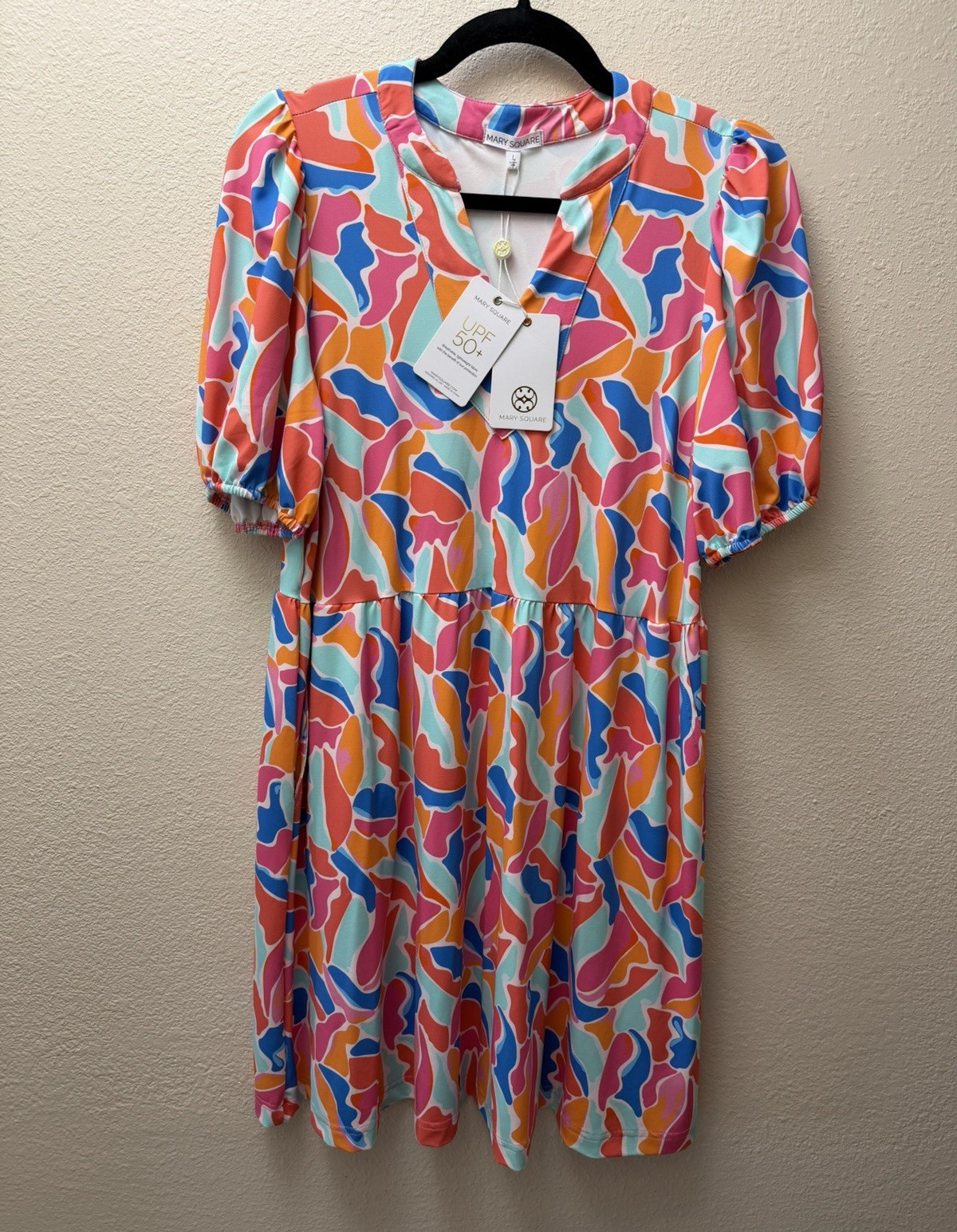 Mary Square Women’s Abstract Multicolor V-Neck Puff Sleeve Knee Dress L