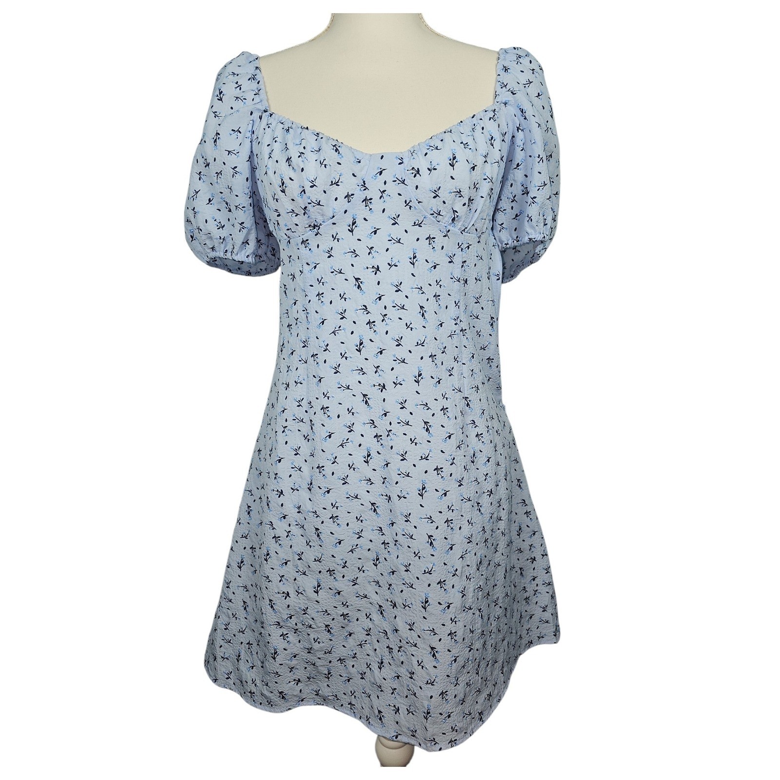 H&M Divided Mini Dress Floral Puff Sleeve Light Blue Women Size S